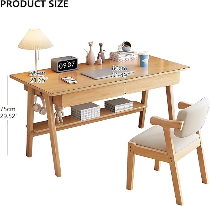 Solid Wood Writing Desk Mid-Century Modern Desk with 2 Drawers and Storage Shelf Home Office Computer Desk Easy Assembly(31inches White)