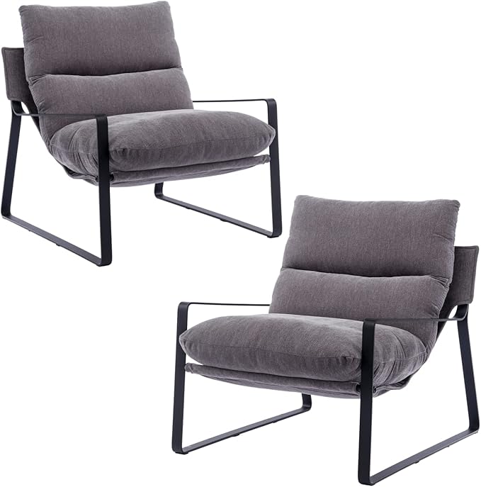 HEAH-YO Modern Accent Chairs Set of 2 Linen Fabric Living Room Chairs with Removable Cushion and Solid Metal Frame Comfy Reading Chairs for Bedroom Grey