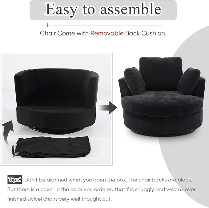 SLEERWAY Oversized Swivel Chairs Set of 2 Big Comfy Round Accent Barrel Chair and A Half Bucket Loveseat Bedroom Club Reading Lounge Living Room Furniture Set (Black)