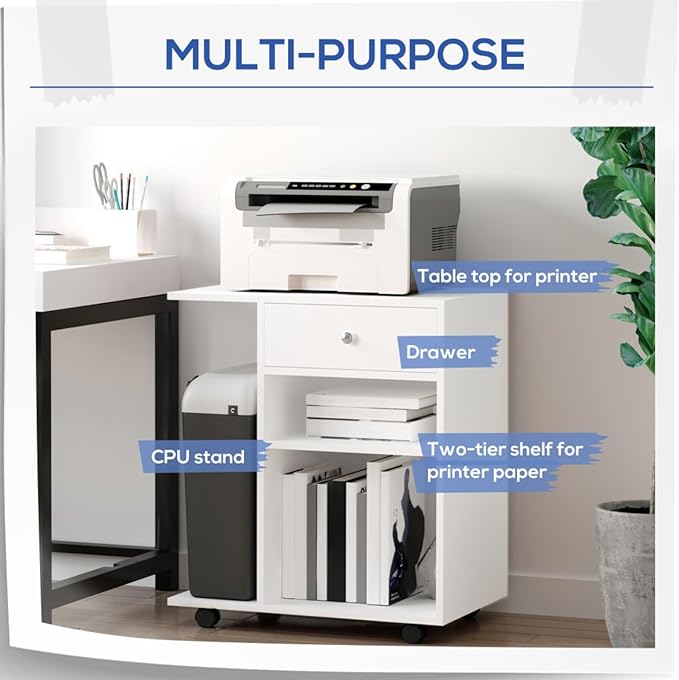 Mobile Printer Stand with Drawer Adjustable Shelf and CPU Holder Rolling File Cabinet Cart on Lockable Wheels for Office Home or Study Room Compact Wide Storage Organizer