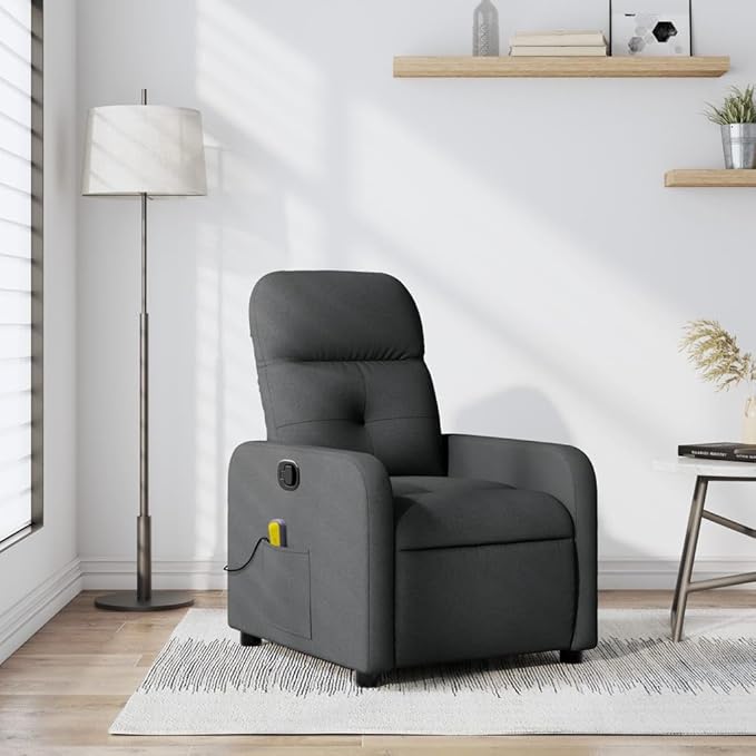 vidaXL Dark Gray Fabric Massage Recliner Chair - Manual Reclining Armchair for Elderly with Vibration Function Side Pocket and Comfy Cushioning for Living Room Comfort
