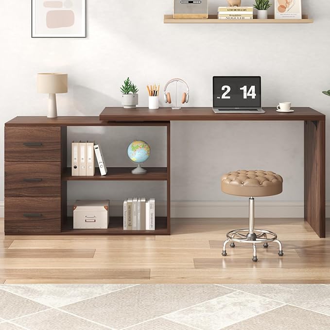 HSH Walnut Home Office Desk L Shaped with Drawers Reversible Wood Computer Desk Table for Executive Work Writing Study Gaming Rustic Corner L Desk with Storage Cabinet Shelves for Bedroom 55 Inch