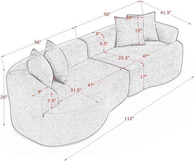 KEIKI 113 Oversized Chenille Curved Modular Sectional Sofa with High-Density Sponge Upholstered Modern Style 4-Seater Compression Cloud Couch No Assembly Needed for Apartment Living Room Black