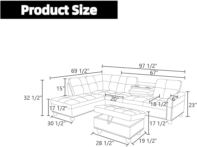 FONTOI Leather Sectional Couch Sofa 4-Seat L-Shaped Sectional Sofa with Cup Holders &amp Nail-Head Trim – Modern PU Leather Living Room Couch for Apartment Bedroom White