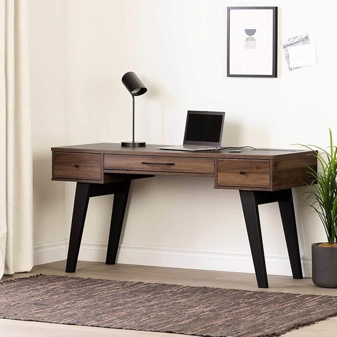 Pemberly Row Computer Desk with Power Bar Natural Walnut Finish Melamine Top Scratch and Water Resistant Scandinavian Style Home Office Desk with Deep Drawers and USB Outlets