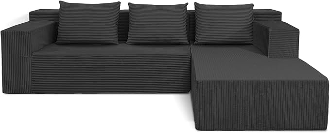 Modular Sectional Sofa L-Shape Couch Upholstered Boneless Corduroy Fluffy Couch for Living Room Deep Seat with Pillow Backrest No Assembly Required (Grey Right Facing Chaise) | Friendly Size Flex