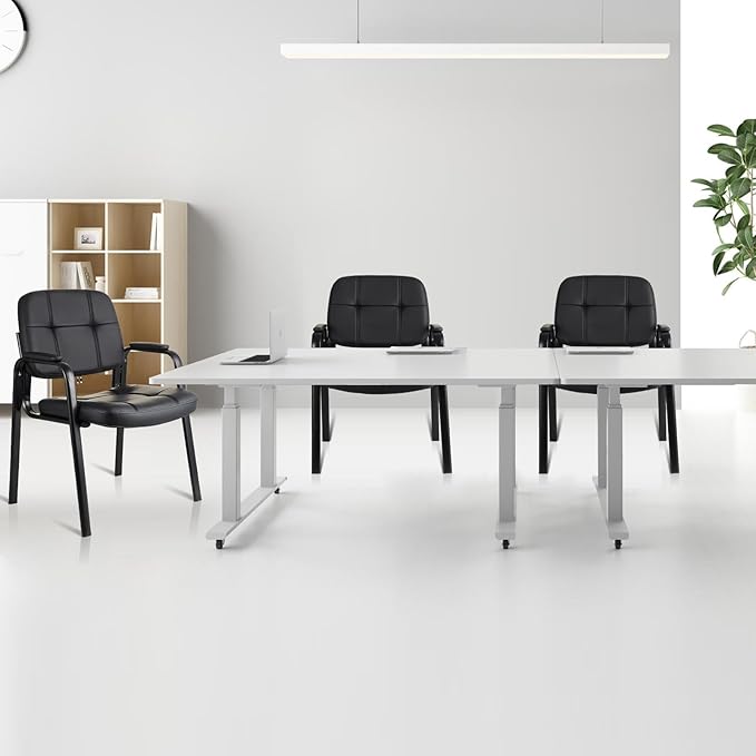CLATINA Leather Office Guest Waiting Room Chair Sets of 8 Reception Chair No Wheels with Armrests and Lumber Support Stationary Desk Armchair for Meeting Conference Lobby Shool Study Black