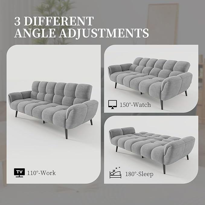 Convertible Futon Sofa Bed 76.77 Modern Linen Futon Couch Comfy Sleeper Sofa with Adjustable Backrests Couch Bed for Small Spaces Living Room Bedroom Apartment Grey