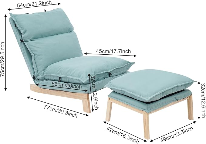 Single Lazy Sofa Lounge Chair with Footstool 5-Position Reclining Comfort for Living Room Balcony Japanese Tatami Floor Recliner Modern Leisure Recliner Indoor Use Green