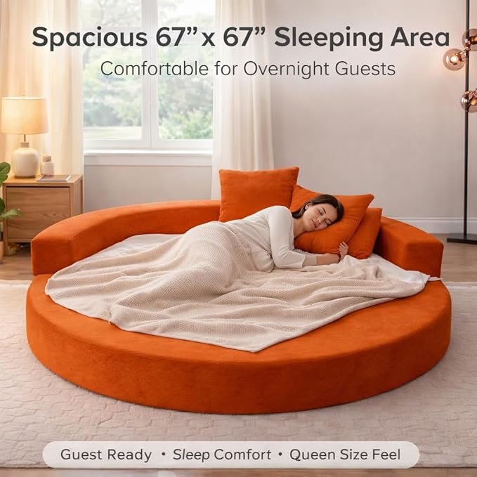 Convertible Round Sofa Bed 67 Corduroy Upholstered Loveseat Sleeper Couch Pull-Out Floor Bed with 3 Pillows No Assembly 550 lbs Weight Capacity (Orange)