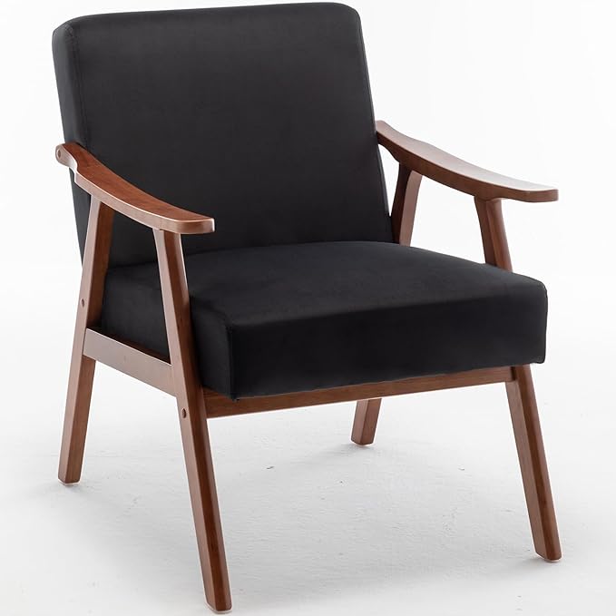 Mid Century Modern Accent Chair with Solid Wood Frame Fabric Microfiber Upholstered Armchair for Bedroom Reading Room Living Room and Lounge Black