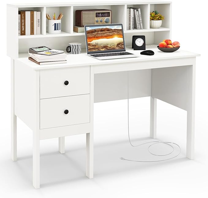 GLOBALWAY48” Computer Desk Study Writing Desk with 5-Cube Hutch 2 Drawers &amp Charging Station Home Office Workstation for Living Room Study &amp Bedroom White