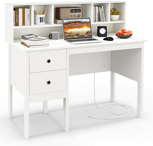 GLOBALWAY48” Computer Desk Study Writing Desk with 5-Cube Hutch 2 Drawers &amp Charging Station Home Office Workstation for Living Room Study &amp Bedroom White