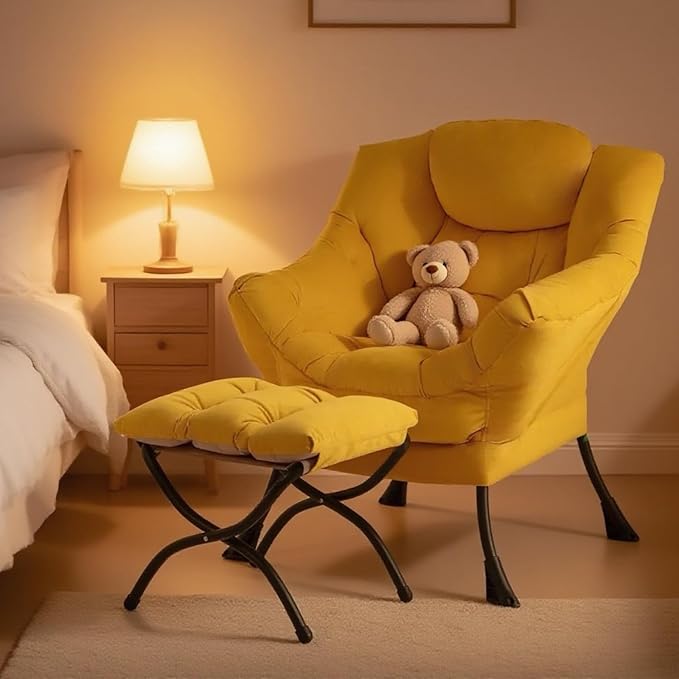 Tiita Lazy Chair with Ottoman Yellow Modern Large Accent Armchair Comfy Leisure Sofa Reading Chair with Footrest for Bedroom Living Room Dorm Rooms Garden Velvet Yellow