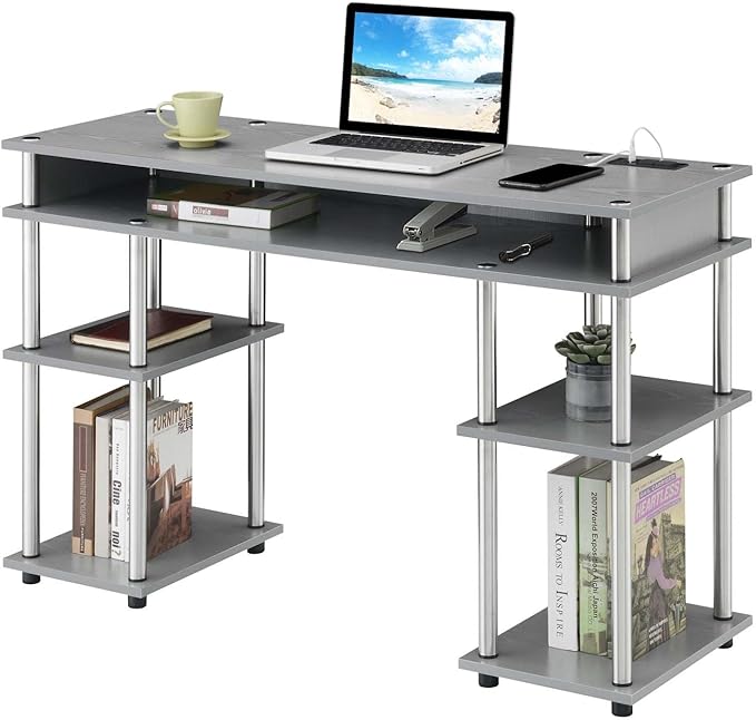 Convenience Concepts Designs2Go No Tools Student Desk with Charging Station and Shelves Gray