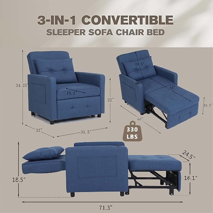 Convertible Chair Bed Sleeper for Adults 3 In 1 Sofa Bed Chair with USB Bedroom Sleeper Chair Pull Out Beds with Adjustable Back &amp PocketFabric Chair That Turns Into Beds For Living Room(Navy B