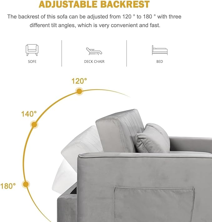 Kiztir Futon Sofa Bed 55.5 Small Loveseat Sleeper Sofa Comfy Velvet Pull Out Couch Bed with 3 Levels Adjustable Backrest and Side Pockets for Living Room Bedroom Apartment Small Spaces (A-Grey) |