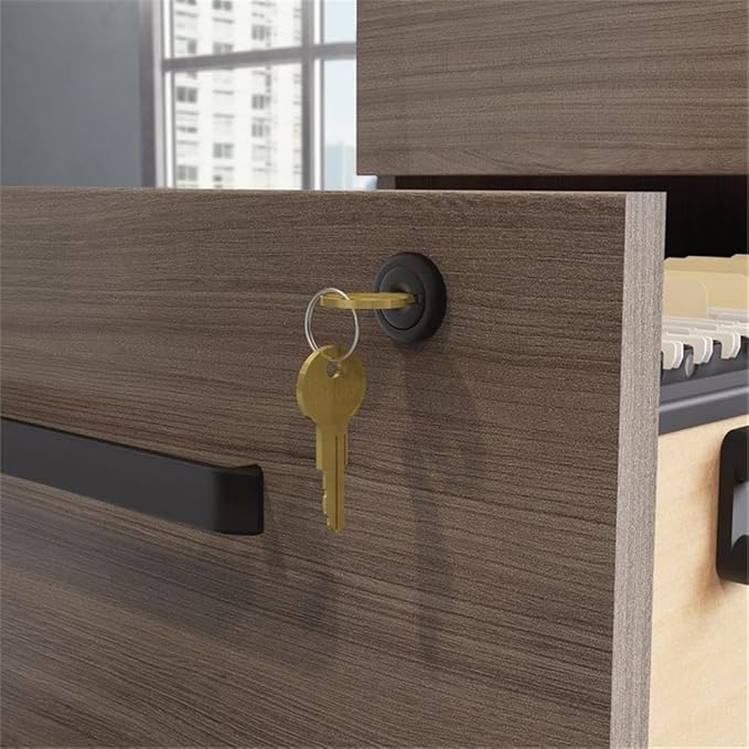 Pemberly Row Engineered Wood 2-Drawer Mobile Filing Cabinet Elm/Brown Finish 28.42 H x 15.55 W x 19.44 D Locking Drawers Hidden Casters Versatile Office Storage Solution