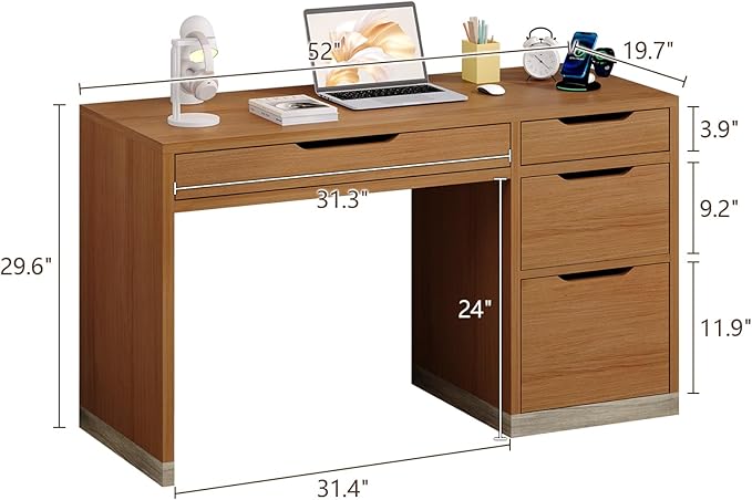 Small Desk with Drawers 52 Inch Computer Desk with Storage Home Office Desk with Filing Drawer for Bedroom Brown