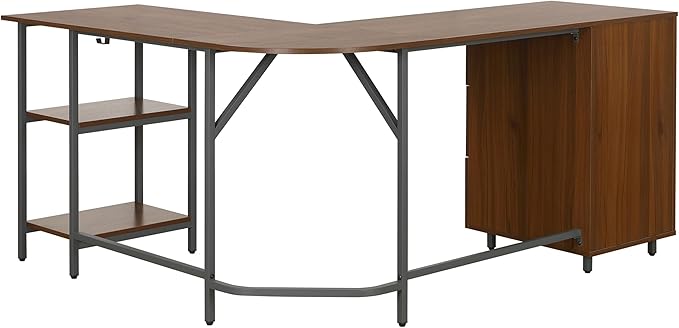 Techni Mobili L Shaped Desk - Two-Toned Computer Desk with Drawers &amp Storage Shelves - Simple Modern Furniture &amp Home Office Space Corner Table for Work &amp Writing
