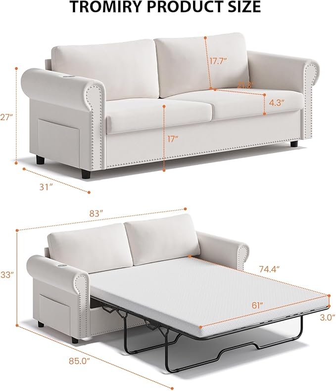 Queen Pull Out Sofa Bed | 83 Large Sleeper Sofa with Queen Size Mattress | 2-in-1 Convertible Loveseat Sofa-Bed with USB Ports Side Pockets Ivory White