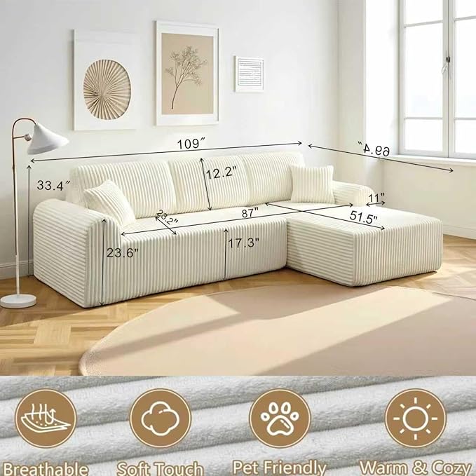 109“L-Shaped Sectional Sofa Boneless Couch Upholstery Cloud Modular Couch with Chaise No Assembly Required Corduroy Fabric Combination Deep Seat Living Room Bedroom(Cream Right Hand Facing)