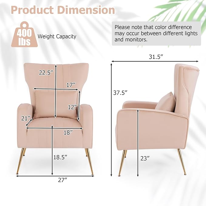 Giantex Velvet Accent Chair with Lumbar Pillow Upholstered Tufted Wingback Arm Chair w/Golden Metal Legs Mid Century Modern Single Sofa Chair for Living Room Bedroom Max Load 400 LBS Pink