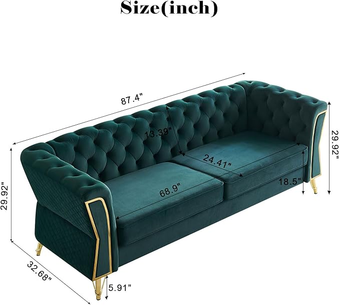 Modern Velvet Sofa Couch for Living Room 87.4 Inch Long Tufted Unique Upholstered Couch Oversized Sofa Decor Furniture with Golden Metal Legs (Green)