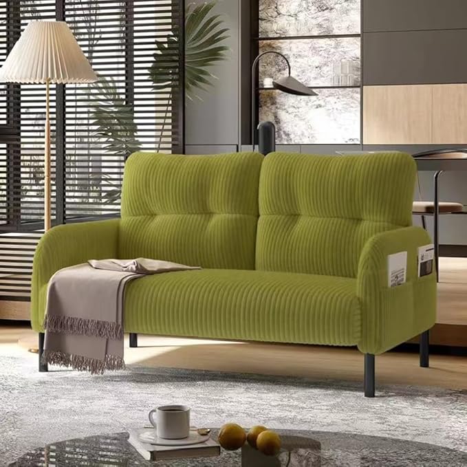 Corduroy Loveseat for Living Room &amp Bedroom - Modern 2-Seater Sofa with Storage PocketsSolid Wood Frame High-Density FoamComfortable Compact Couch for Small Spaces500 lb Capacity (Olive Green)