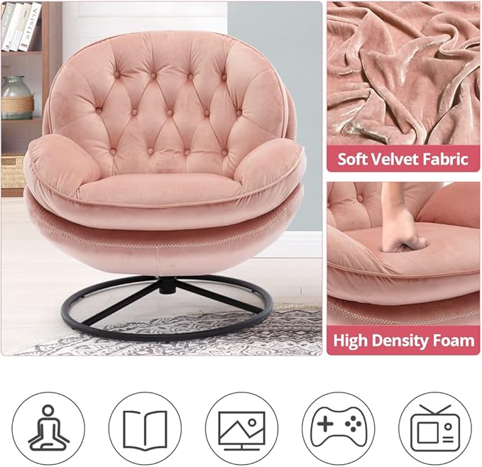 Velvet Swivel Accent Chair with Ottoman Set Modern Lounge Chair with Metal Base Frame &amp Footrest Comfortable Single Leisure Sofa Chair Reading Chair with 360 Degree Swiveling for Living Room Pi