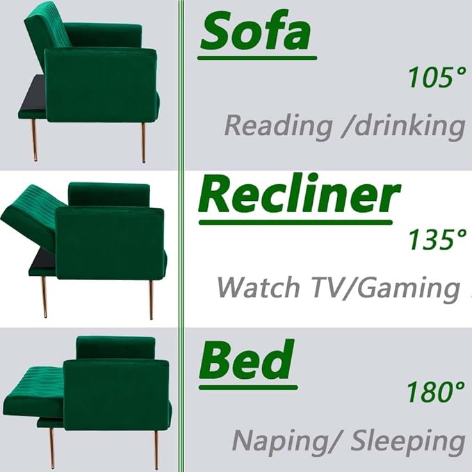 71 Convertible Folding Sleeper Sofa CouchModern Velvet Loveseat Sleeper with 2 Pillows Futon Sofa Bed with Mattress and Frame for Living RoomBedroomSmall Space (Green)