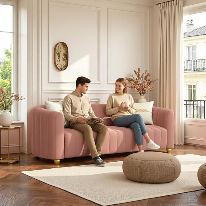 Modern Velvet Loveseat Sofa Couch for Living Room 84 Comfy Upholstered 3 Seater Sofa Couch with Gold Metal Legs &amp 2 Pillows Luxury Sectional Sofa for Bedroom Office Apartment Pink