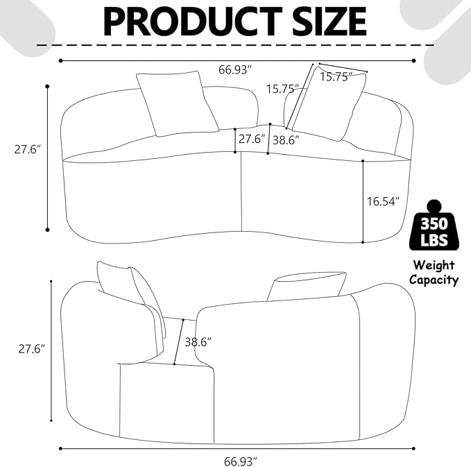67 Curved Loveseat Sofa with 2 Pillows Boneless Curved Couch with Round Armrest Cloud Sofa for Living Room Bedroom Small Spaces Teddy Modern Compressed No Assembly (Grey-1)