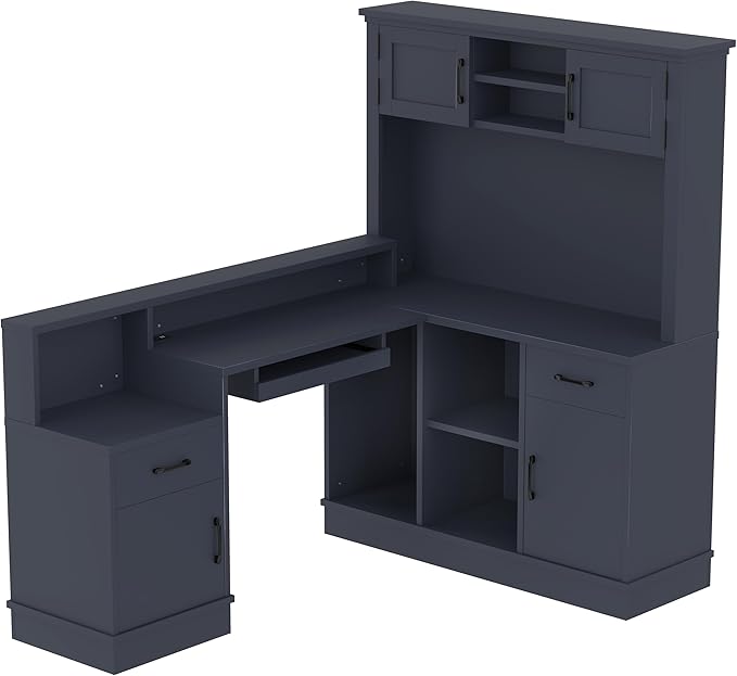 L Shaped Office Corner Desk with Hutch Corner Computer Desk with 2 Drawers and Cabinet Open Shelves L-Shaped Writing Table for Small Space Study Room Living Room (Blue)