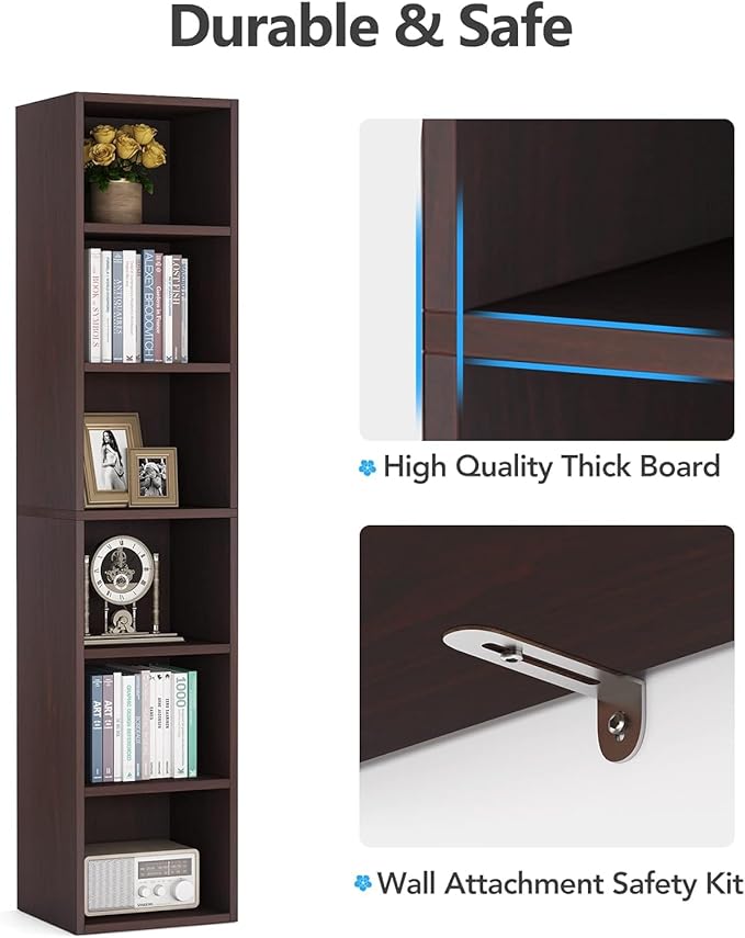 LITTLE TREE 70.9 Inch Tall Narrow Bookcase Set of 2 Modern Bookshelf 6 Tier Cube Display Shelf Storage Organizer for Small Space Brown
