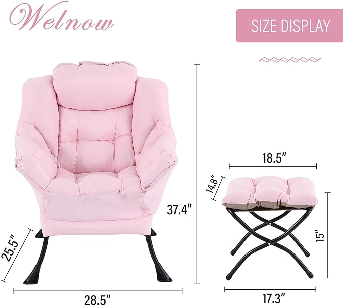 Welnow Pink Lazy Chair with Ottoman Modern Reading Accent Chair with Armrests and a Side Pocket Leisure Upholstered Lazy Sofa Set with Footrest for Small Space