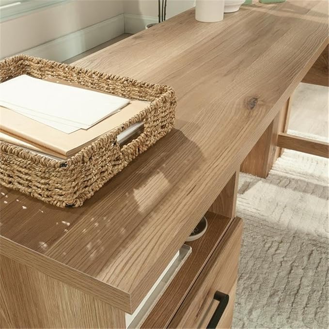 Pemberly Row Farmhouse L-Shape Engineered Wood Desk Timber Oak Finish 29.76 H x 65.12 W x 59.84 D File Drawer Open Shelf Home Office Desk for Storage &amp Organization
