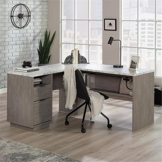 Pemberly Row Engineered Wood L-Shaped Desk 59 in x 58 in x 30 in Ashen Oak Finish Durable Home Office Desk with Storage Drawers and Shelves Compact Workspace for Study or Dorm Room Use