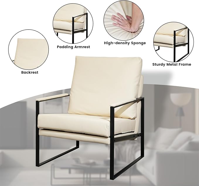 CONSDAN StoneCreek Accent Chair Modern Armchair with Metal Frame Leather Single Sofa Chair with Thick Padded Backrest Upholstered Lounge Chair for Living Room Bedroom Pale Cream White