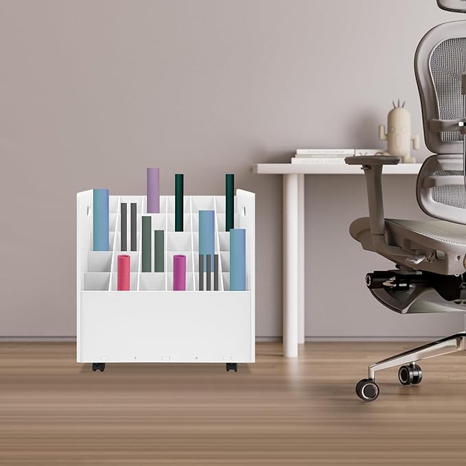Mobile Roll File Storage Organizer with Wheels 30 Slots White Mobile Files Storage Cabinet Construction Plan Holders Roll Files Storage for Office School (30 Slots White)