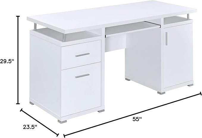Coaster Home Furnishings Tracy Modern Contemporary 55-Inch 2-Drawer Home Office Computer Writing Desk Study Table with File Cabinet Storage Engineered Wood Eco-Friendly Laminate White 800108
