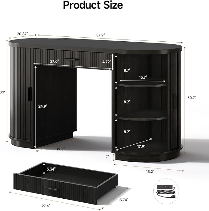 ONBRILL 58 Inch Fluted Executive Desk with Drawers Large Computer Desks with Storage Mid Century Modern Office Desk with Charging Station for Home Office Living Room Bedroom (Black)