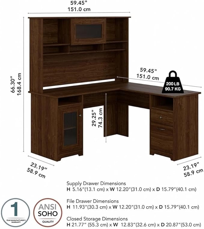 Pemberly Row 60W L Shaped Computer Desk with Hutch Walnut Finish Engineered Wood Built-in Wire Management Storage Cabinet File Drawer Adjustable Shelf Home Office Desk and Organizer Set