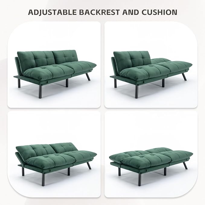 67” Velvet Futon Sofa Bed Convertible Small Upholstered Couch 2-Seat Loveseat Sleeper with Adjustable Backrest and Armrest for Small Space ApartmentGaming RoomOffice(Green)