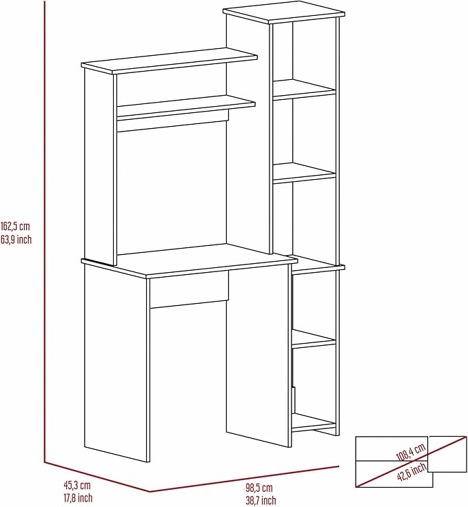 Penau White 6-Shelf Writing Desk with Built-in Bookcase Durable Particle Board Construction Stylish Home Office Furniture with Extensive Storage