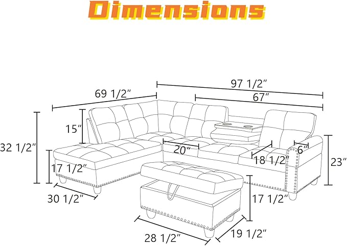FONTOI L Shaped Sectional Couch with Otttoman 97 Leather Sectional Sofa for Living Room Modular Couches with Cup Holders for Bedroom Apartments Grey
