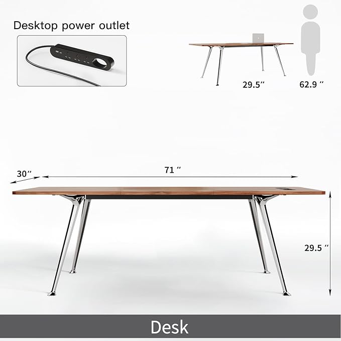71-Inch Executive Desk Computer Office Desk Workstation with Chrome-Plated Legs and Built-in Power Outlet Writing Table Business Furniture Modern Minimalist Style for Home Office Walnut