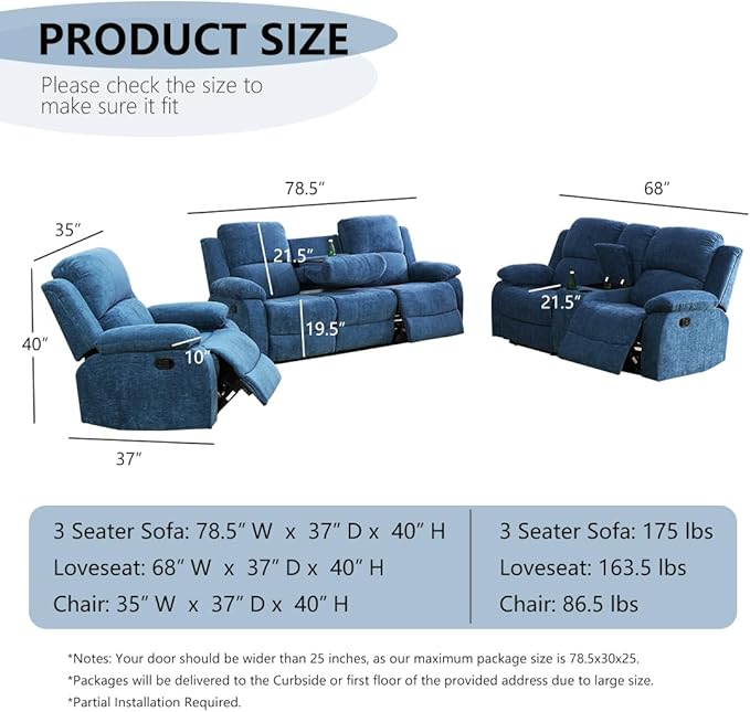 Upholstered Manual Recliner Modern Fabric Reclining Chair Single Reclining Sofa Chair with Comfortable Armrest and Backrest Recliner Furniture for Living Room/Meeting Room/RV Car Blue