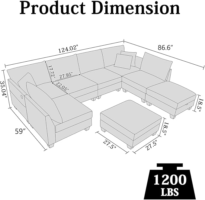 136.4 Modular Sectional Sofa U-Shaped 8 Seater Sectional Sofa with Storage Ottoman Linen L-Shaped Couch Large Cloud Couch with Cup Holders &amp USB for Living Room（Orange