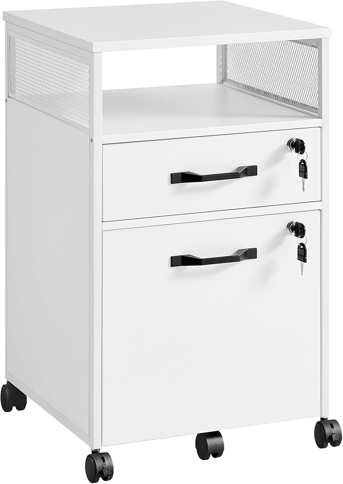 VASAGLE File Cabinet Mobile Filing Cabinet with Wheels 2 Lockable Drawers Open Shelf for A4 Letter Size Hanging File Folders Cloud White UOFC077W14